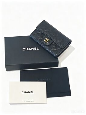 CHANEL Black Quilted Caviar Leather Compact Wallet with Gold CC